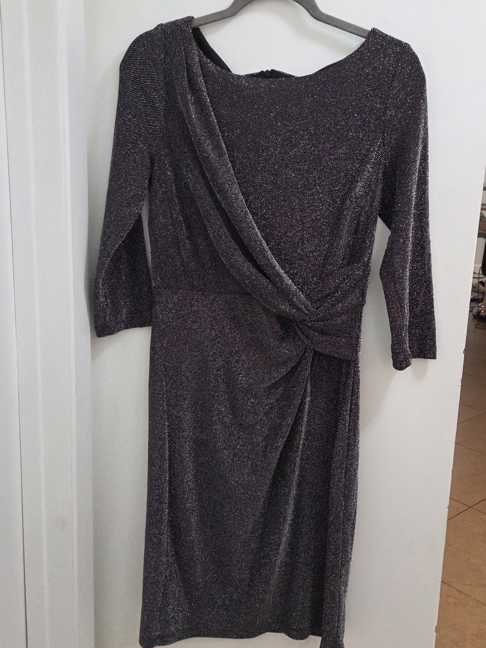 Jessica Howard Metallic Dark Silver Knot-Detail Midi Dress, Size 10
